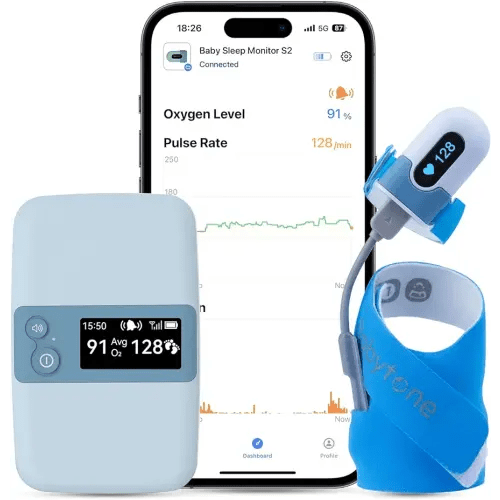 Babytone Baby Sleep Monitor with Base Station, Wearable Smart Sock Foot Monitor with Free App Report, Tracks Heart Rate, Movement and Average Oxygen Level, Fits Newborn 0 to 36 Months Old (BBSM S2)