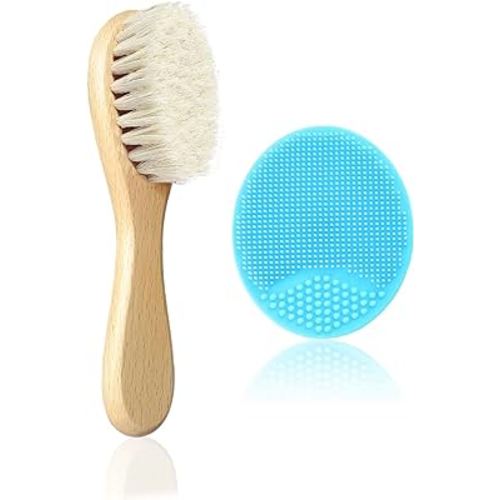 Baby Hair Brush, Mocokkiti Goat Bristles Brush and Baby Cradle Cap Brush Set for Cradle Cap Wood Bristle Brush for Newborns and Toddlers, Blue Silicone Brush (2PCS)