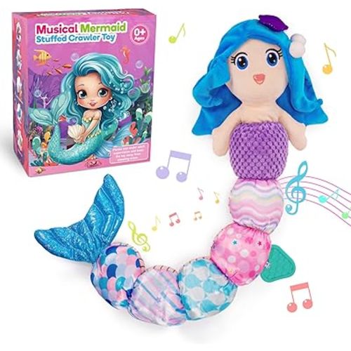 Mermaid Baby Stuffed Toys 0-12 Months Baby Girl Gifts for 3 4 5 6 7 8 Month Old Infant Musical Soft Tummy Time Toys with Teether, Crinkle & Rattles - Easter Newborn Babies Gift Girls Sensory Toy