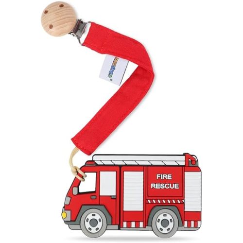 Baby Food Grade Silicone Vechicle Car Teether Toy with Pacifier Clip Holder,Teething Pain Relief Toys Gift Set for 3 Months+ Boys and Girls,Freezer Safe,BPA Free (Fire Truck).