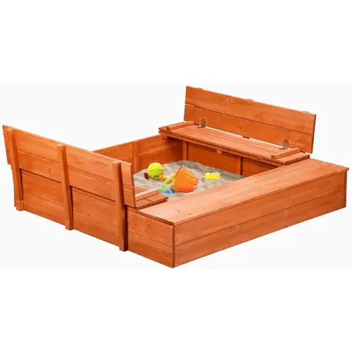Kids Wooden Sandbox with Cover and Foldable Storage Bench Seats, Sand Table with Protection Bottom Liner,Kids Play Equipment for Outdoor Backyard Garden 47X47in.