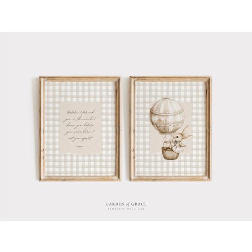 Jeremiah 1:5 Wall Art Set of 2 | Vintage Scripture Kid's Room Decor | Bible Verse Nursery and Hot Air Balloon Bunny Print | Baby Farmhouse