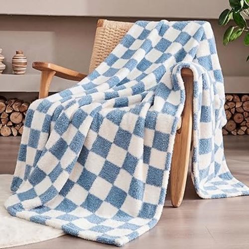 330GSM Checkered Throw Blanket for Couch, Blue, 50"x70"