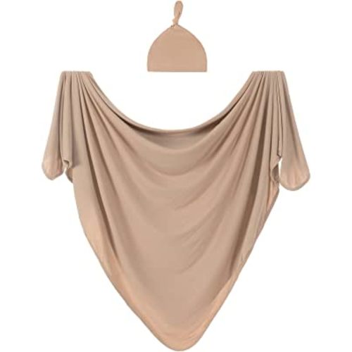 Bayceen Large Jersey Knitted Swaddle Blanket for Baby, Soft Stretchy Receiving Blanket for Newborns with Hat, Large 47 x 47 inches (Muted Fawn), BY001