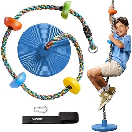 LAEGENDARY Tree Swing for Kids - Single Disk Outdoor Climbing Rope with Platforms, Carabiner & 2.6 Ft Tree Strap - Playground Accessories - Colored Rope