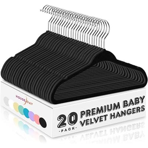 HOUSE DAY Black Velvet Baby Hangers 20 Pack, Premium Kids Hangers for Children, Infant & Toddler Clothes, Durable Non Slip Baby Felt Hanger, 11 Inch Hanger for Closet, Ideal for Everyday Use