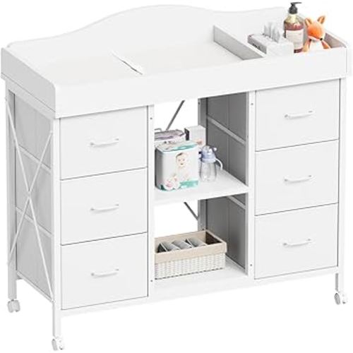 Changing Table, 6-Drawer Baby Dresser with Changing Table top, Waterproof Diaper Changing Station & Pad, 2 Height-Adjustable Open Storage Shelves, Mobile Nursery Organizer, White