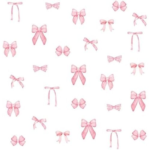 12 Sheets Bow Wall Stickers Peel and Stick Coquette Pink Bow Heart Decals for Room Nursery Boho Bedroom Living Room Playroom Windows Aesthetic Waterproof Wallpaper for Christmas Room Decor (84pcs)