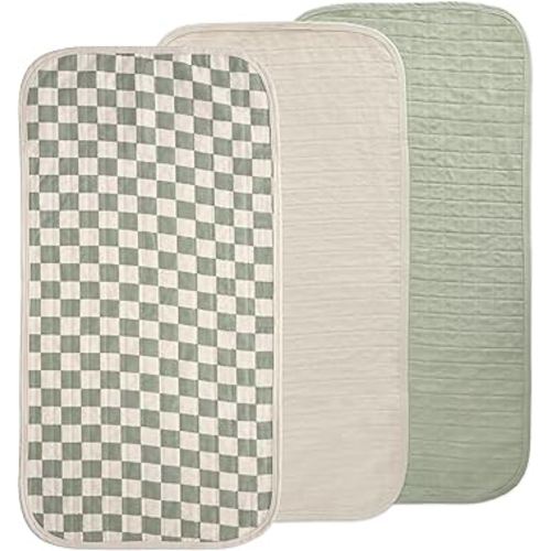 mushie Waterproof Changing Pad Liners | 100% Organic Cotton | Set of 3 (Olive Check Combo)