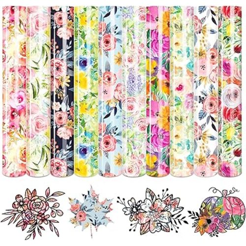 Watercolor Flower HTV Vinyl - 10 Sheets (12'' x 10'') Floral Heat Transfer Vinyl HTV Patterned Iron On Vinyl for T-Shirts