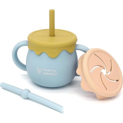 Honeypot 3-in-1 Silicone Baby Cup with Straw & Snack Cup Lid 8.5 oz, Toddler Sippy Cups for Babies 6 Months, Spill Proof Cups for Toddlers Smoothie Cup (Honey Jar Blue)