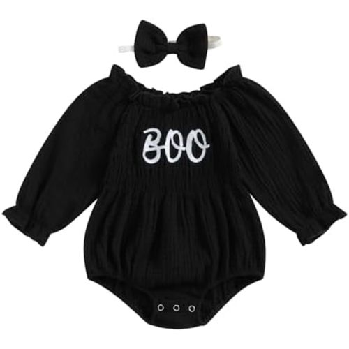 Baby Girl Halloween Outift Cotton Bubble Romper Smocked Boo Print Ruffle Rompers Outfits Newborn Clothes