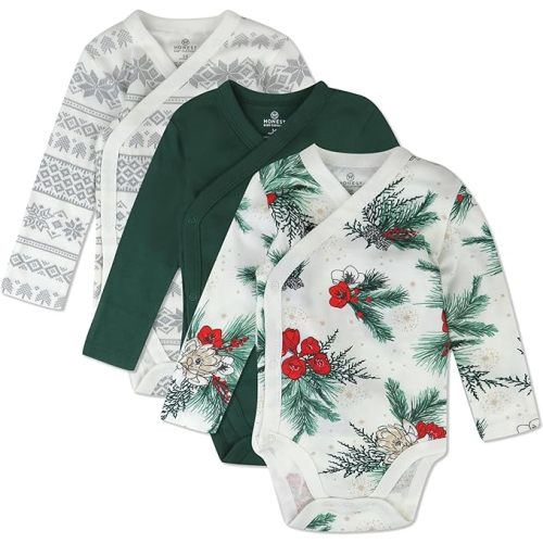 HonestBaby unisex-baby 3-pack Long Sleeve Side-snap Kimono Bodysuits Organic Cotton for Infant Baby Boys, Girls, Unisex - Newborn - Emerald Floral