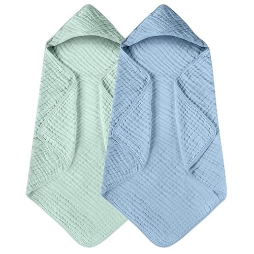 Yoofoss Hooded Baby Towels for Newborn 2 Pack 100% Muslin Cotton Baby Bath Towel with Hood for Babies, Infant, Toddler and Kids, Large 32x32Inch, Soft and Absorbent Newborn Essential - Blue and Green