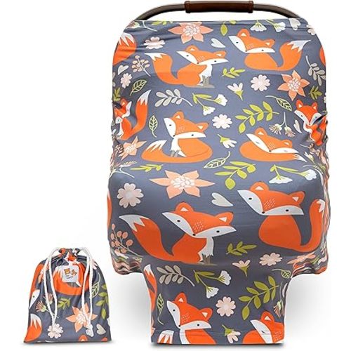 Baby Car Seat and Nursing Cover Up for Breastfeeding Moms | Multi-use 5-in-1, Breathable, Soft, Stretchy, Washable, Universal Fit | Cute Unisex Woodland Fox Pattern
