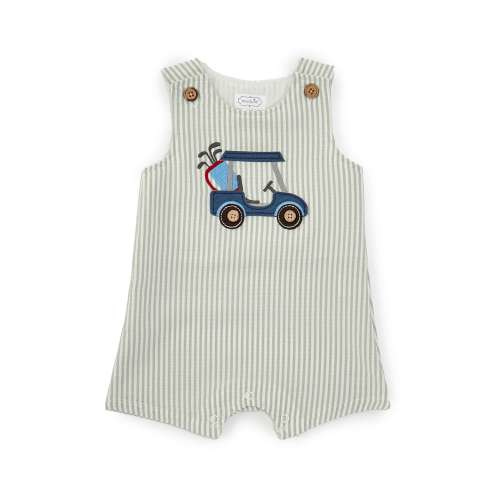 Mud Pie Baby Boys 6-9 Months Sleeveless Striped Golf Cart Applique Seersucker Shortall