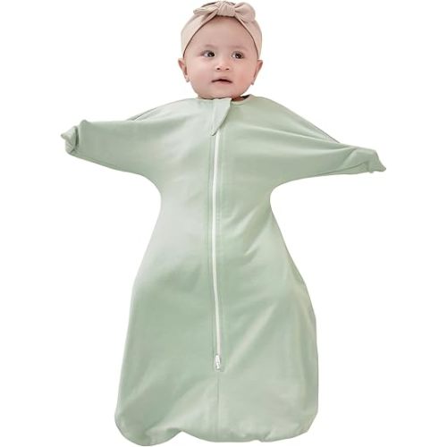 ZIGJOY Shark-Fin Transition Swaddle - 1.0 Tog Baby Sleep Sack 3-6 Months Soft Cotton Transitional Baby Wearable Blanket with 2-Way Zipper for All Seasons, Mint Green, Medium