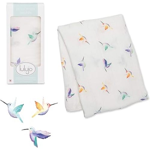 lulujo Baby Swaddle Blanket| Unisex Softest Bamboo Viscose Muslin Swaddle Blanket| Neutral Receiving Blanket for Girls & Boys 47in x 47in Hummingbird