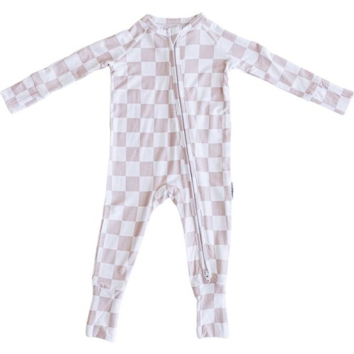 Baby Checkered Double Zipper Convertible Romper, 0-3M, Beige & White