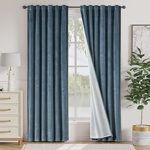 Lazzzy Blue Blackout Velvet Curtains 84 Inch Long Thermal Insulated Room Darkening Lined Curtain Drapes Luxury Back Tab Window Treatments for Bedroom Living Room 2 Panels, 52 x 84 Inch, Slate Blue