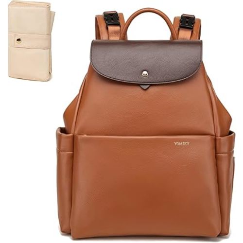 Leather Diaper Bag Backpack, 14 Pockets, Fashion Diaper Bag Leather with Changing Pad, Stroller Straps, Travel Essential Large Diaper Bag, Unisex, Brown