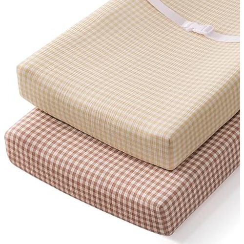 Blissful Diary Muslin Changing Pad Cover for Baby Girls Boys, Ultra Soft Breathable Cotton, Baby Diaper Change Table Pad Covers, 2Pack (Checkered Beige & Checkered Brown)