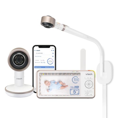 VTech V-Care VC2105 1080p FHD Over-The Crib Mount Smart Baby Monitor 5” 720p LCD Screen,Table Stand,Remote Access,Versatile Placement,Intelligence Detection, Sleep Analysis,24 hrs Recording,with WiFi