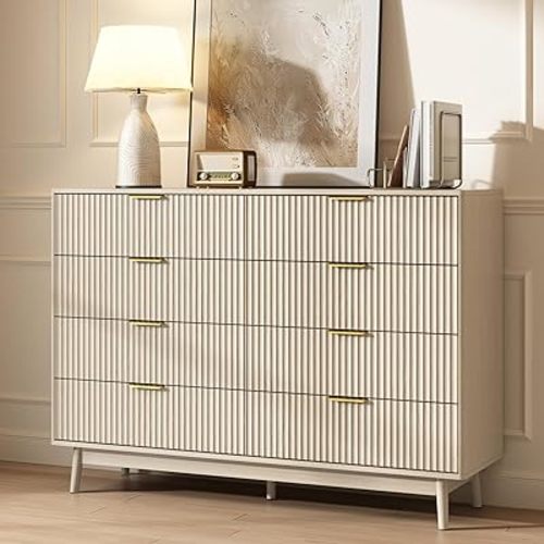 CARPETNAL Fluted 8 Drawer Dresser for Bedroom, 55" Wide Wooden Chest of Drawers with Rounded Corners, Gold Handles, Modern Storage Organizer for Bedroom, Hallway(Beige)