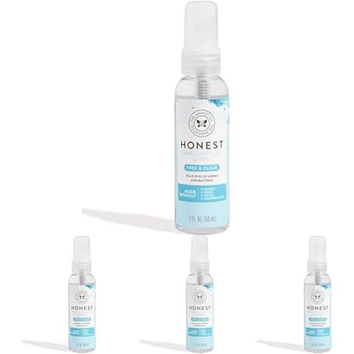The Honest Company Plant-Based Hand Sanitizer Spray | Kills 99.9% of Germs | Hypoallergenic, Quick-drying + Moisturizing | Fragrance Free, 2 fl oz (Pack of 4)