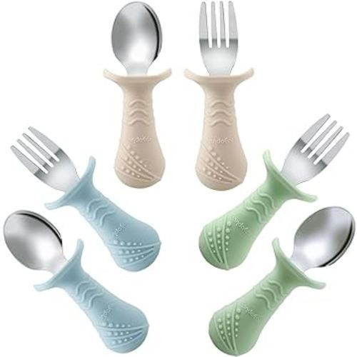 PandaEar Baby Toddler Fork and Spoon Utensil Set, 6 Pack Silicone Stainless Steel Silverware Spoon Fork for Babies Toddler, BPA Free with Silicone Holding Anti-Choke Design (Blue&Green&Light Tan)