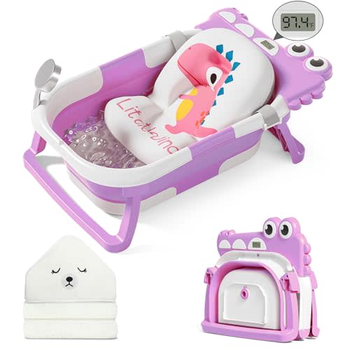 MoreFeel Collapsible Baby Bathtub for Newborn with Thermometer & 1 Hooded Towel & 1 Soft Floating Cushion,Portable Travel Bathtub with Drain Hole, Durable Foldable Baby Tubs for Infants to Toddler