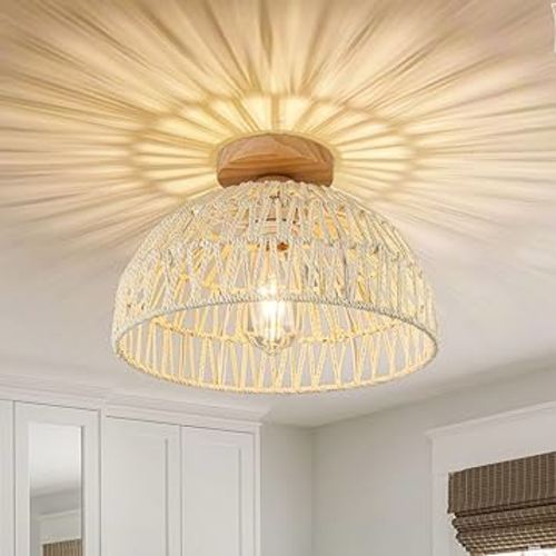 Boho Light Fixture Ceiling Rattan Chandelier Boho Ceiling Lamp Flush Mount Ceiling Light Bedroom Chandelier Hand-Woven Lamp Shade Wooden Base Small Chandelier for Hallway Nursery Kitchen Chandelier