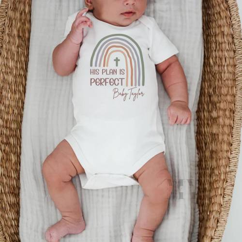 His Plan Is Perfect Baby Gift Newborn Onesie®, Personalised Rainbow Christian Apparel, Religious Baby Bodysuit, Inspirational Gift For Baby