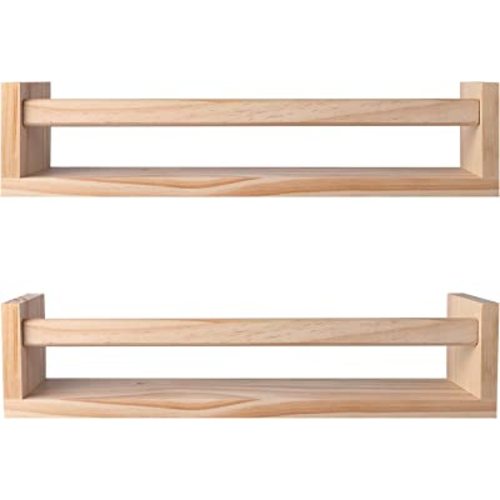 Nursery Shelves, Naturel Wood Floating Wall Bookshelf for Kids, Bathroom Decor, Kitchen Spice Rack (Burlywood), Set of 2