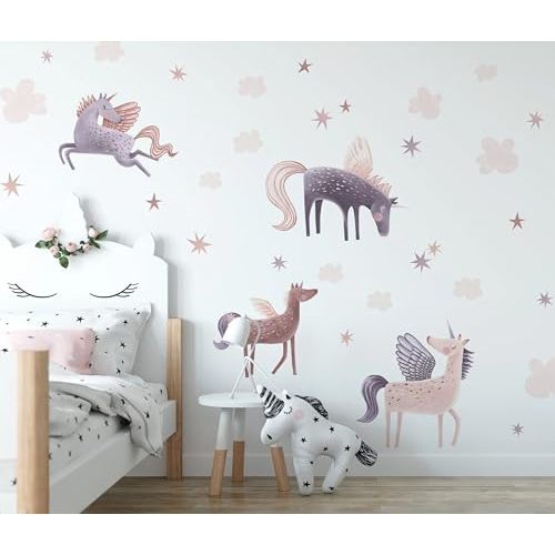 Unicorn Wall Decals - Pink Unicorn with Stars Wall Sticker - Colorful Clouds Wall Sticker for Girls Bedroom, Unicorn Decor for Baby Room Nursery Decoration, Girl's Room Decor Gift (Set 1)