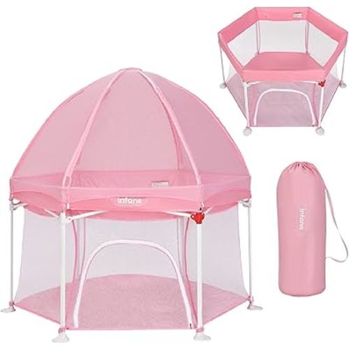 INFANS Baby Playpen with Removable Mesh & UV Canopy, 53" Portable Playhouse with Carry Bag, Dome, Padded Floor, Easy Folding Playard Activity Center (Light Pink)