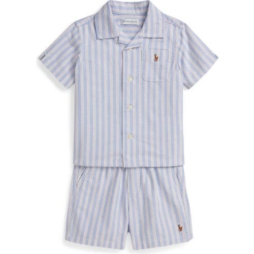 Stripe Cotton Oxford Cloth Camp Shirt & Shorts Set, 6M