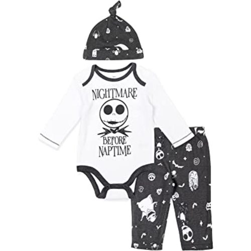 Disney Nightmare Before Christmas Sally Jack Skellington Baby Bodysuit Pants and Hat 3 Piece Outfit Set Newborn to Infant