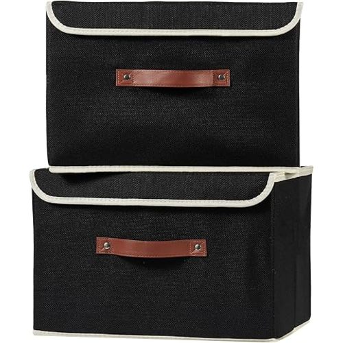 2PCS Storage Boxes with Lid Cotton Linen Fabric Storage Bins Organizer Container Decorative Collapsible Washable Shelf Closet Baskets Faux Leather Handles Home Bedroom (Black, Large Size)
