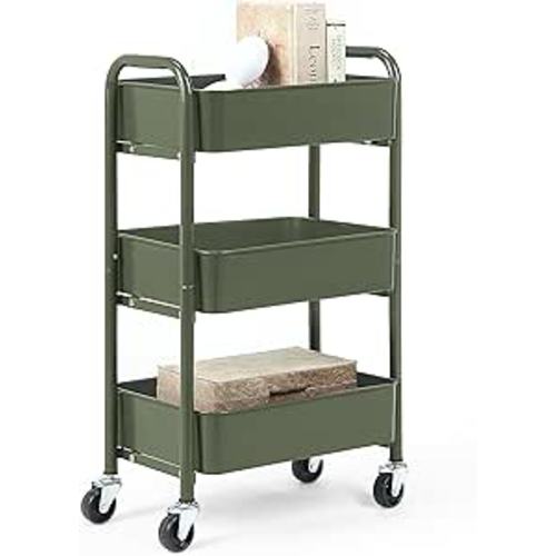 SunnyPoint 3-Tier Delicate Compact Rolling Metal Storage Organizer - Mobile Utility Cart Kitchen/Under Desk Cart with Caster Wheels - Army (15.35" X 10.24" X 26.8"H)