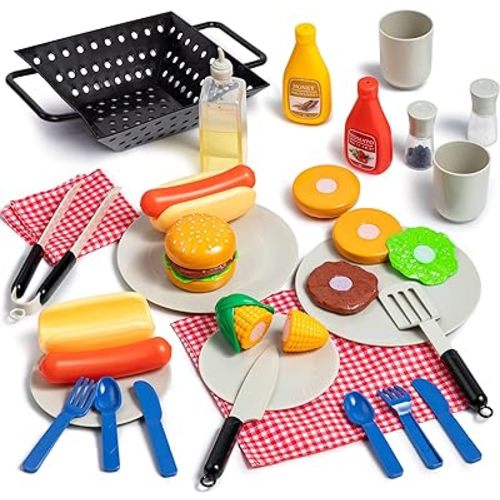 27 PCS Kids BBQ Grill Playset Backyard Barbecue Play Grill Toy Set for Toddlers, Play Food Sets for Kids Kitchen