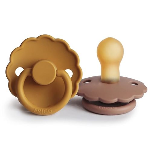 FRIGG Daisy Natural Rubber Baby Pacifier | Made in Denmark | BPA-Free (Rose Gold/Honey Gold, 0-6 Months) 2-Pack