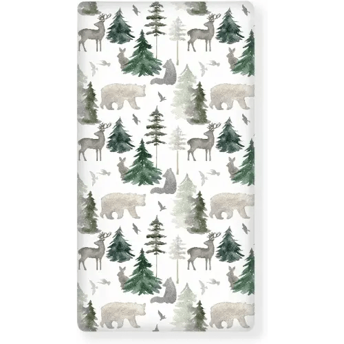 Woodland Forest Animals Fitted Crib Sheet for Boys Girls Watercolor Pine Tree Baby Sheet for Standard Crib and Toddler Rabbit Deer Bear Nursery Bed Mattress Sheets 28"x52"