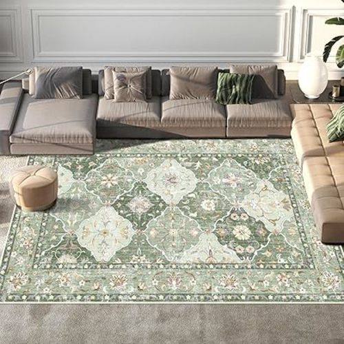 Boho Vintage Area Rugs 8×10 Washable Non-Slip Traditional Green Area Rug for Living Room Bedroom Dining Room Farmhouse