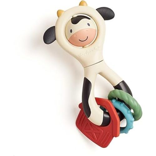 Itzy Ritzy Spinner Rattle Toy – Cow Design Sensory Teething Rattle Includes Spinning Face, Clicks, Rattles & Textured Teethers; Designed for Ages 3 Months and Up (Cow)