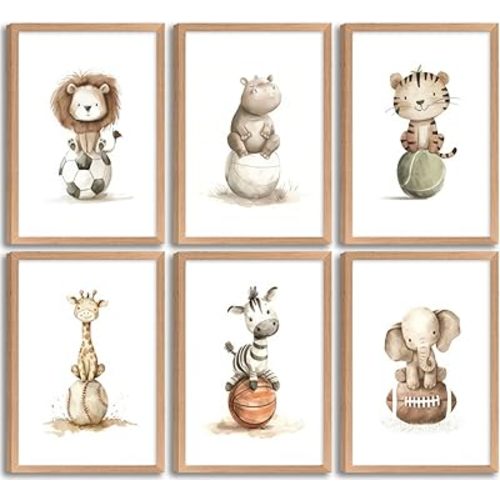 Baby Boy Animals Nursery Framed Wall Art Sport Theme Nursery Painting Picture Wall Decor Cute Lion Hippo Tiger Giraffe Zebra Elephant Sports Poster Print for Children Room Home Decoration