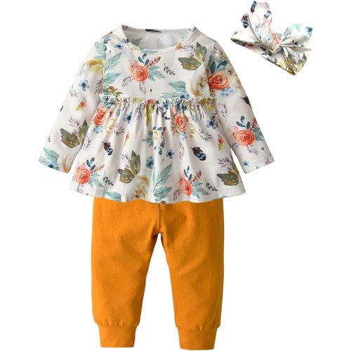 3PCS Baby Girl Clothes Ruffle Floral Shirt Tops Pants Headband Outfit Sets