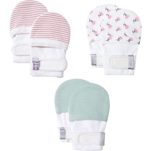 HAPIU Baby No Scratch Mittens Stay On, 100% Cotton Breathable, Adjustable Infant Gloves for Boys Girls, Newborn - 12 M - Pink Stripe&floral&sage