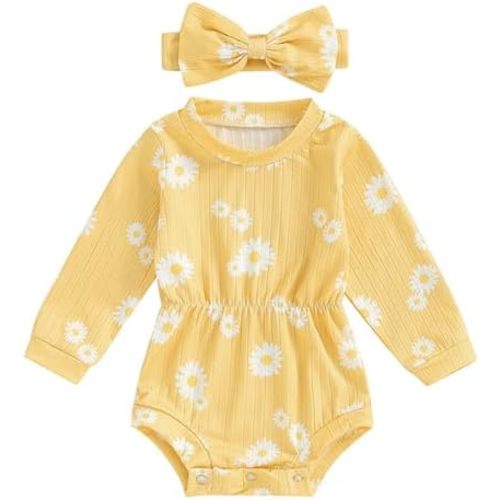 Hnyenmcko Newborn Baby Girl Romper Daisy Long Sleeve Bodysuit Floral Jumpsuit with Headband Infant Fall Clothes 0-18M