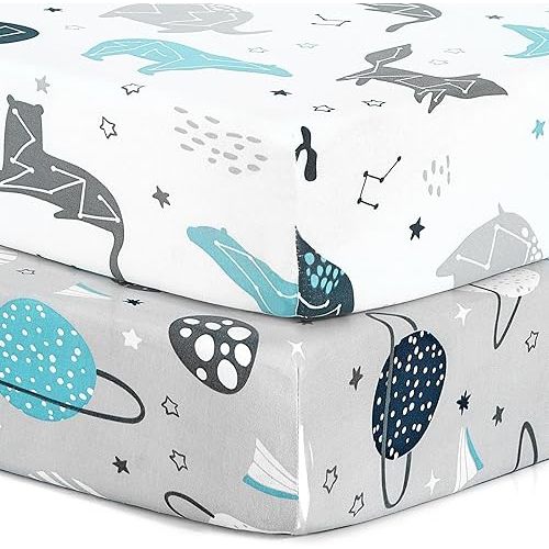 Pack n Play Stretchy Fitted Playard Sheet Set BROLEX 2 Pack Portable Mini Crib Sheets,Convertible Playard Mattress Cover,Ultra Soft Material,Space Planet